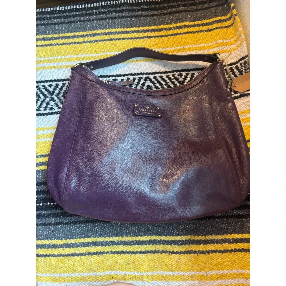 Kate Spade New York Pebbled Leather Hobo Shoulder Bag Purple Polka Dot Lining